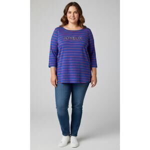 Talbots Women’s T Shirt 3/4 Sleeve Blue Red Stripes Beaded Joyeux Size 2XLP